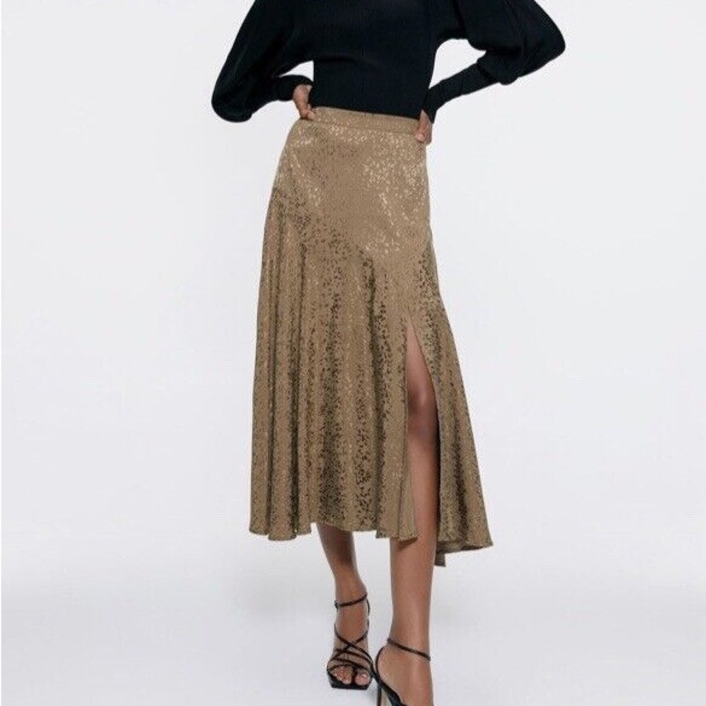 Zara Jacquard Skirt Oil Midi A Line Size XS